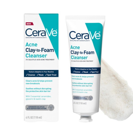 CeraVe Clay-to-Foam Acne Wash dengan Asam Salisilat dan Kaolin - Perawatan Titik Jerawat untuk Jerawat dan Komedo